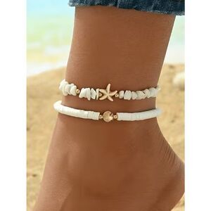 NWT Bohemian Ankle Bracelets Starfish & Scallop Shell Seed Bead & Clay Beads